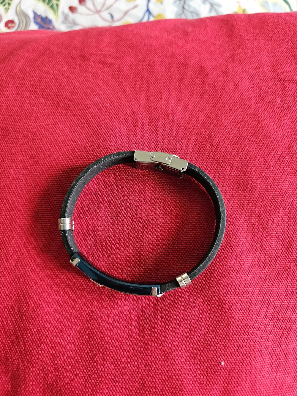 Men's Black Leather Bracelet with Blue Cross Accent